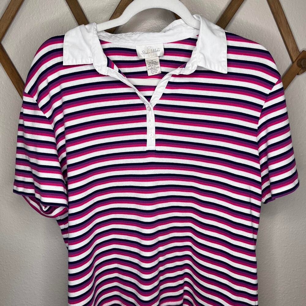 Studio Works Vintage Pink Purple Striped Polo Shirt XL